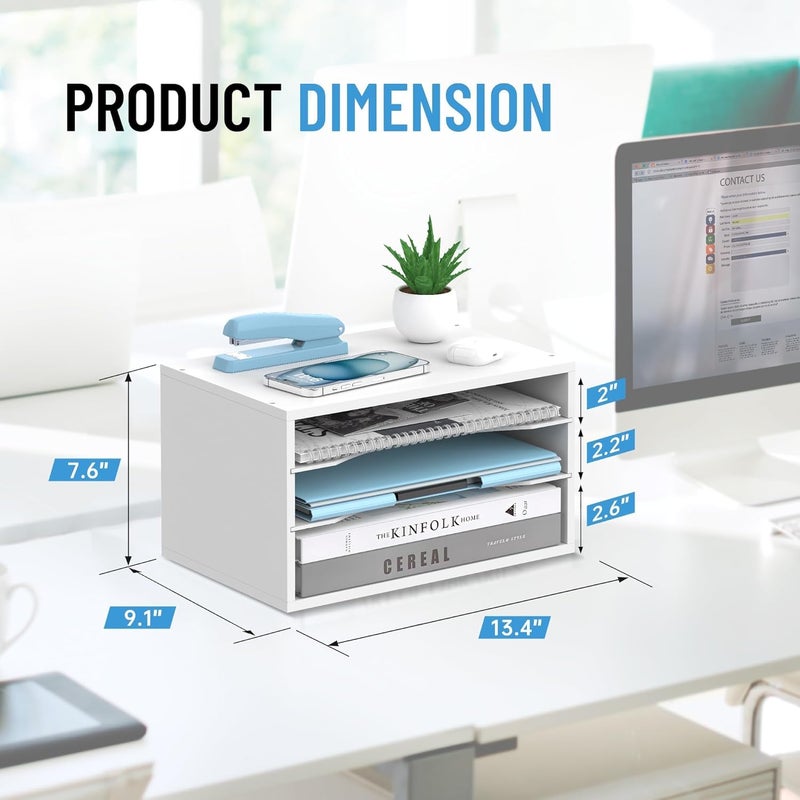 SHARKWOODS Wood Desk Organizer, 3 Tier Paper Tray Organizer for Desk with Adjustable Storage Shelves, Desktop File Organization Paper Sorter Mail Holder for Office Home Classroom, White - Image 2